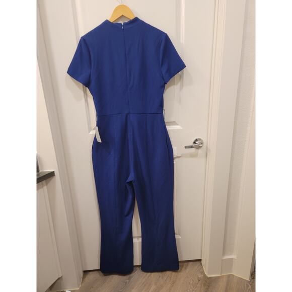 Badgley Mischka Blue Belted Jumpsuit with pockets - Picture 3 of 9